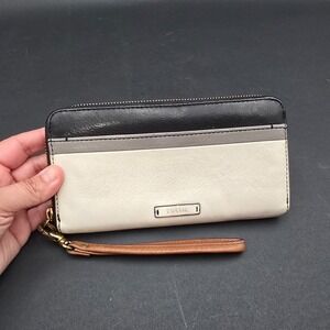 Fossil Leather Zip Around Wallet Wristlet RFID Blocking Tri Color Black Gray